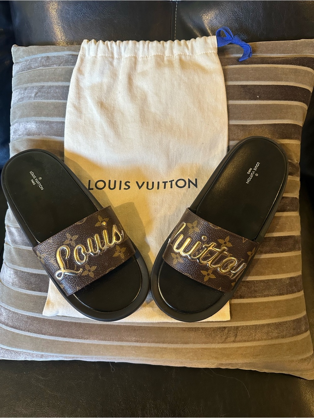 Louis Vuitton Brown and Gold Monogram Slide Sandals - Picture 7 of 9